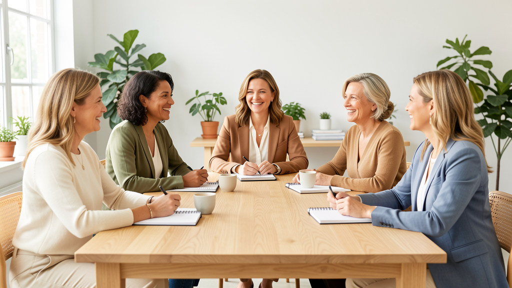 Placeholder direction image of professional women in a light workshop room smiling and talking together